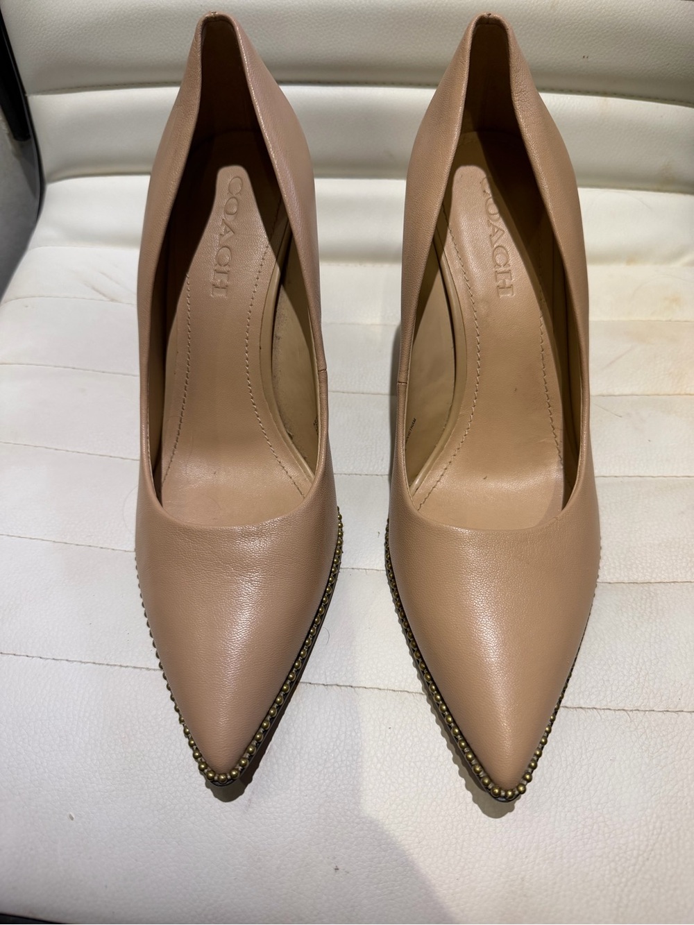 Coach Nude Leather Pointed-Toe Pumps with Gold Bead Trim - Picture 3 of 6